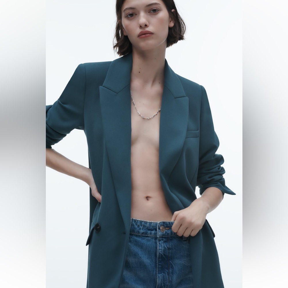 Zara FLOWY LONG BLAZER. Indigo Color. Size XS. New with Tags. - Picture 2 of 10